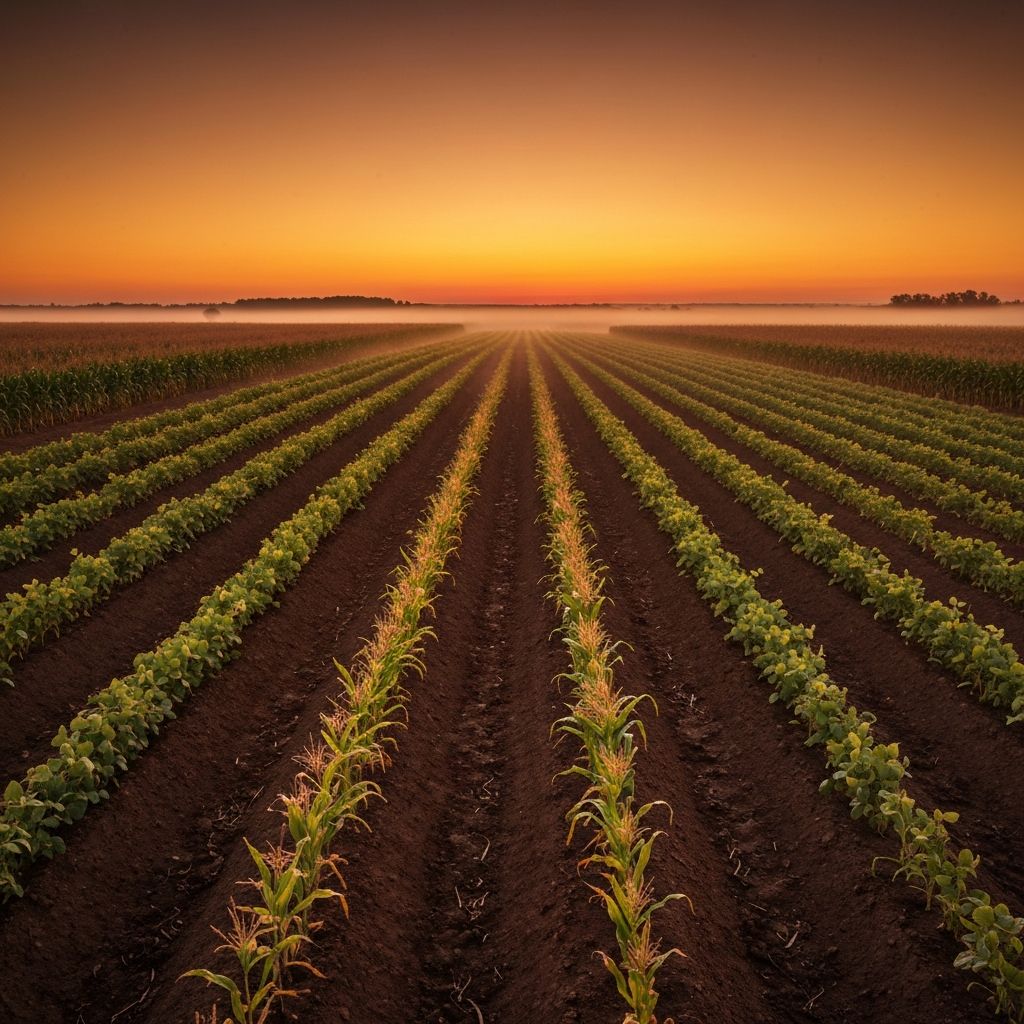 Sunrise over Native American agricultural fields, evoking growth and abundance